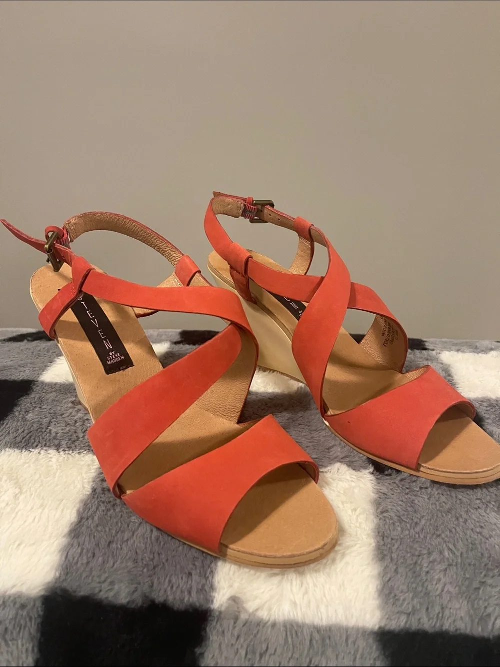 Steve Madden Coral-Orange Suede Crisscross Wedge Sandals